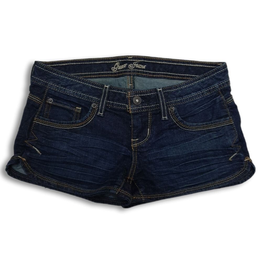 GUESS | Dark Blue Jean Short Shorts Whiskering Details Sz 25
